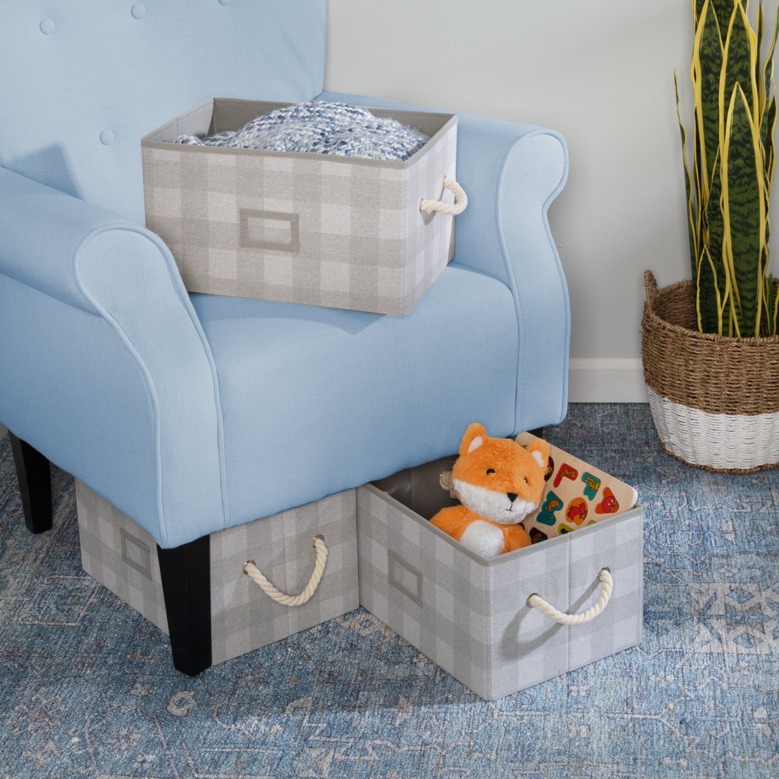 gray plaid folding large fabric storage bins with handles (set of 3) gray plaid folding large fabric storage bins with handles (set of 3)