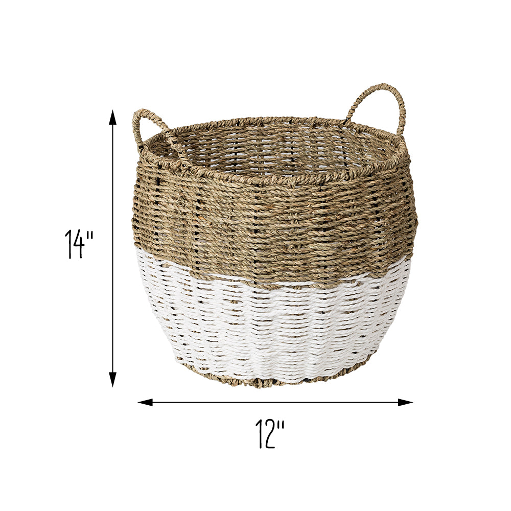 natural & white seagrass medium round storage basket with handles natural & white seagrass medium round storage basket with handles