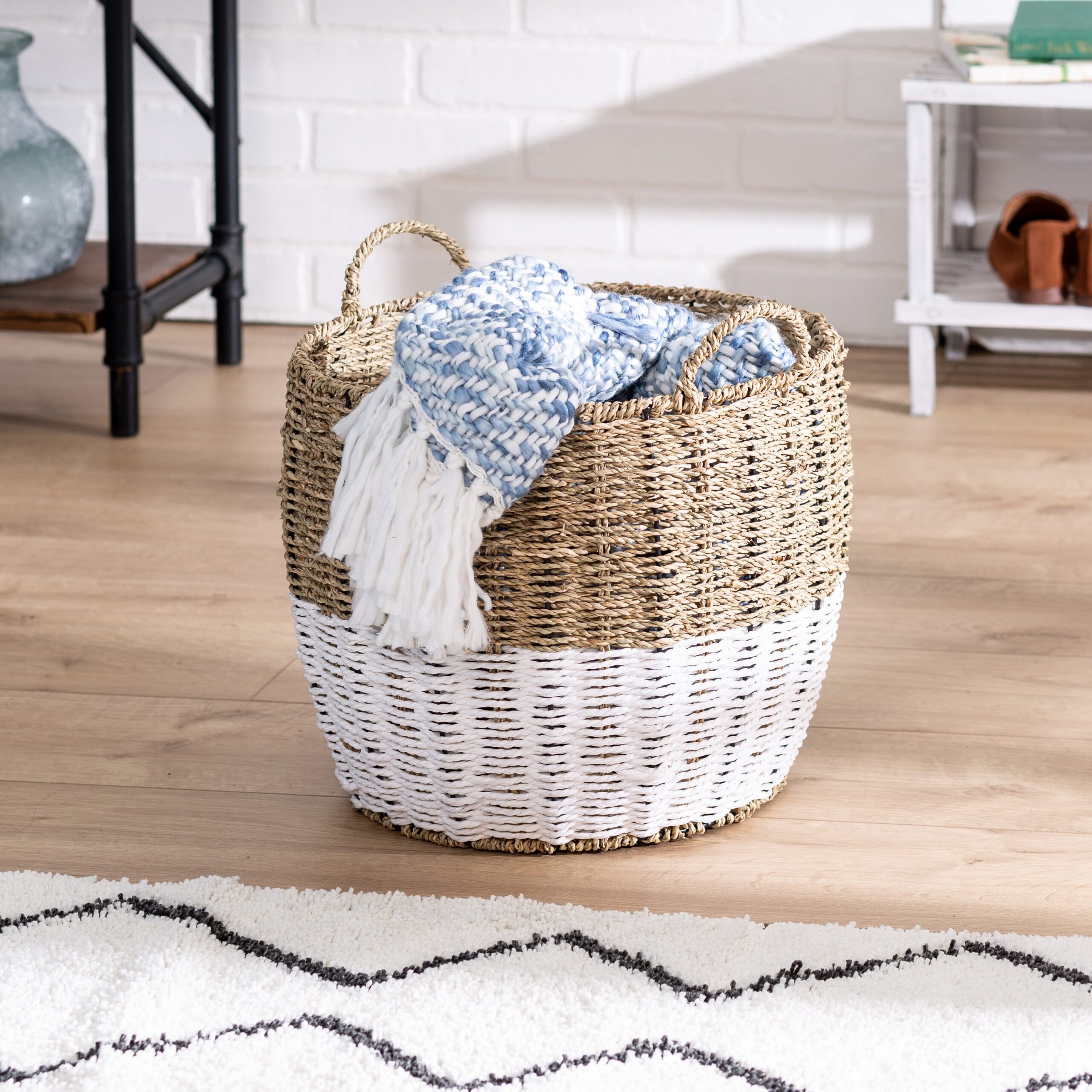 natural & white seagrass medium round storage basket with handles natural & white seagrass medium round storage basket with handles