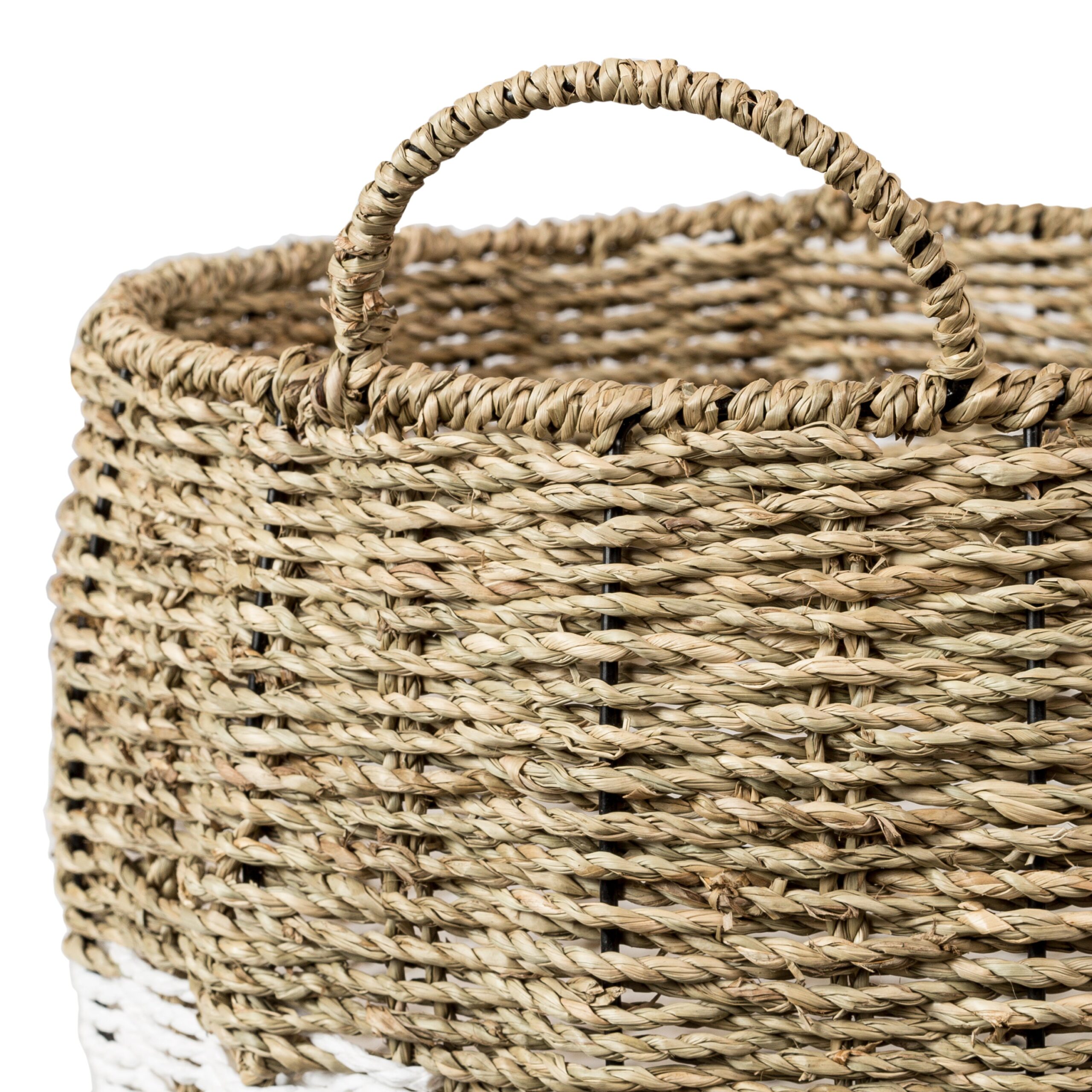 natural & white seagrass medium round storage basket with handles natural & white seagrass medium round storage basket with handles