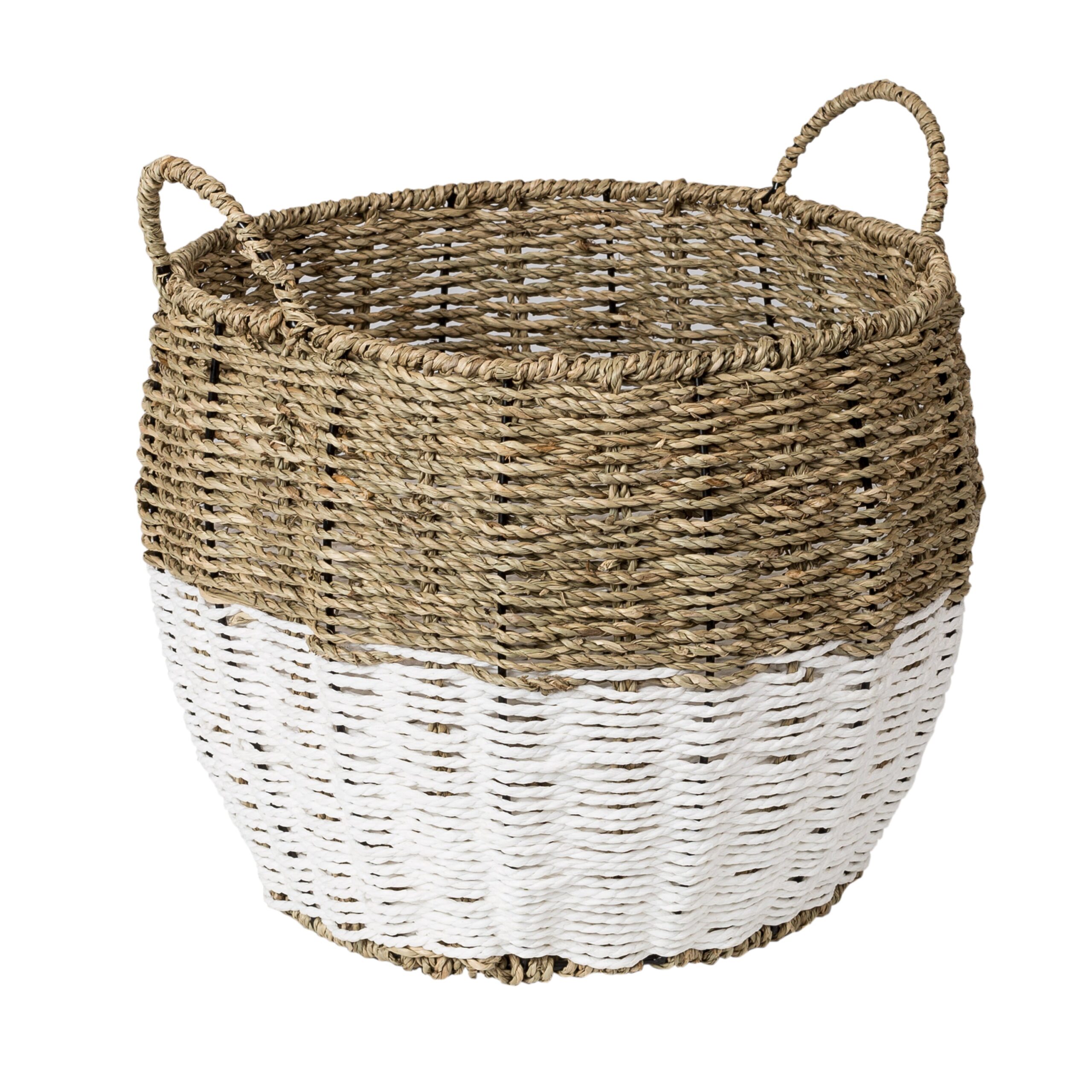 natural & white seagrass medium round storage basket with handles natural & white seagrass medium round storage basket with handles