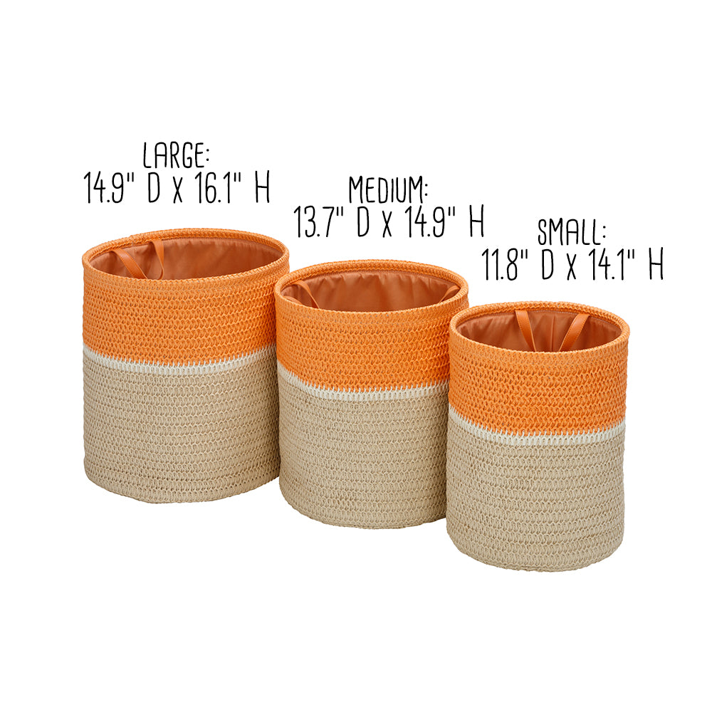 orange/natural paper straw nesting baskets with handles (set of 3) orange/natural paper straw nesting baskets with handles (set of 3)