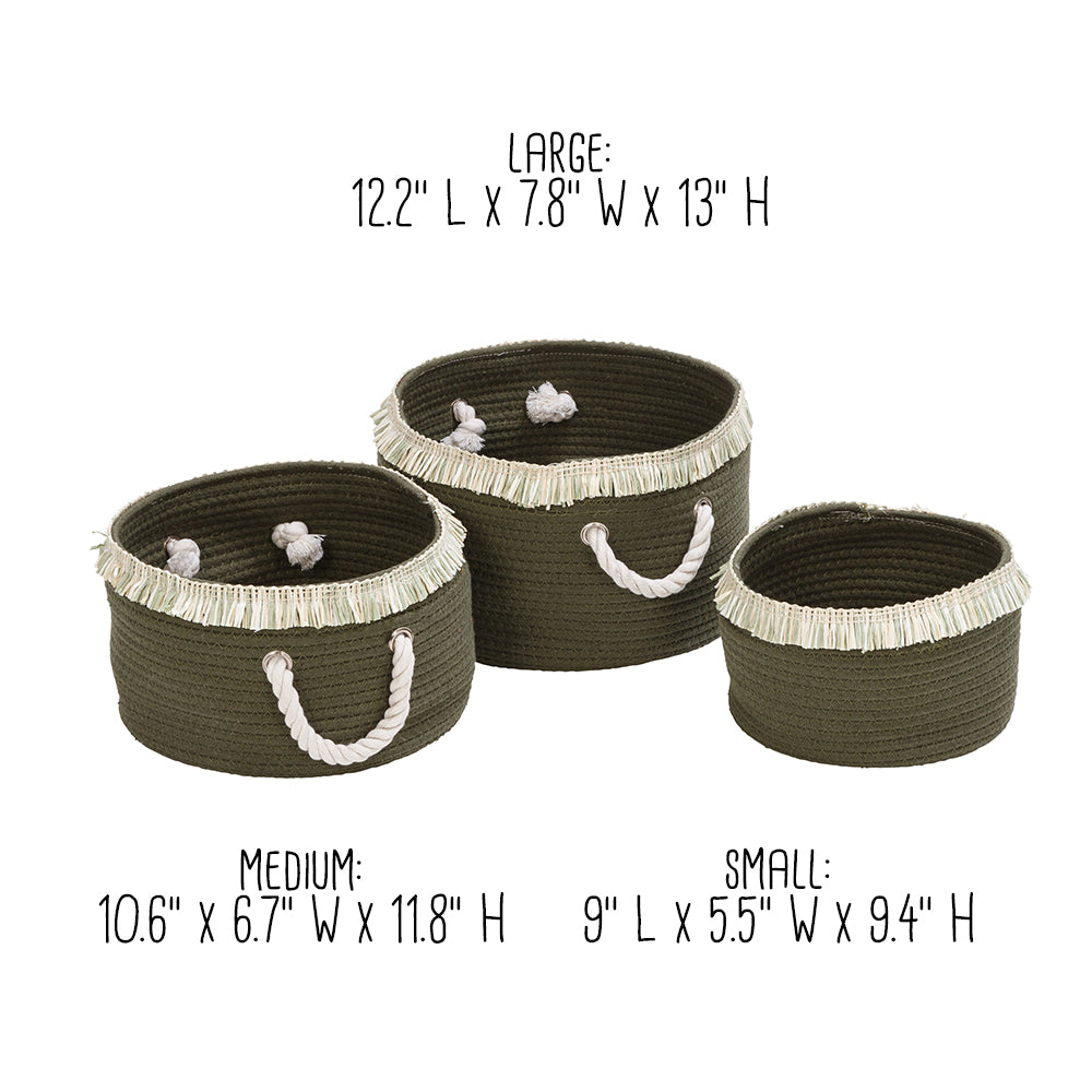 olive green/white cotton rope nesting baskets with fringe (set of 3) olive green/white cotton rope nesting baskets with fringe (set of 3)
