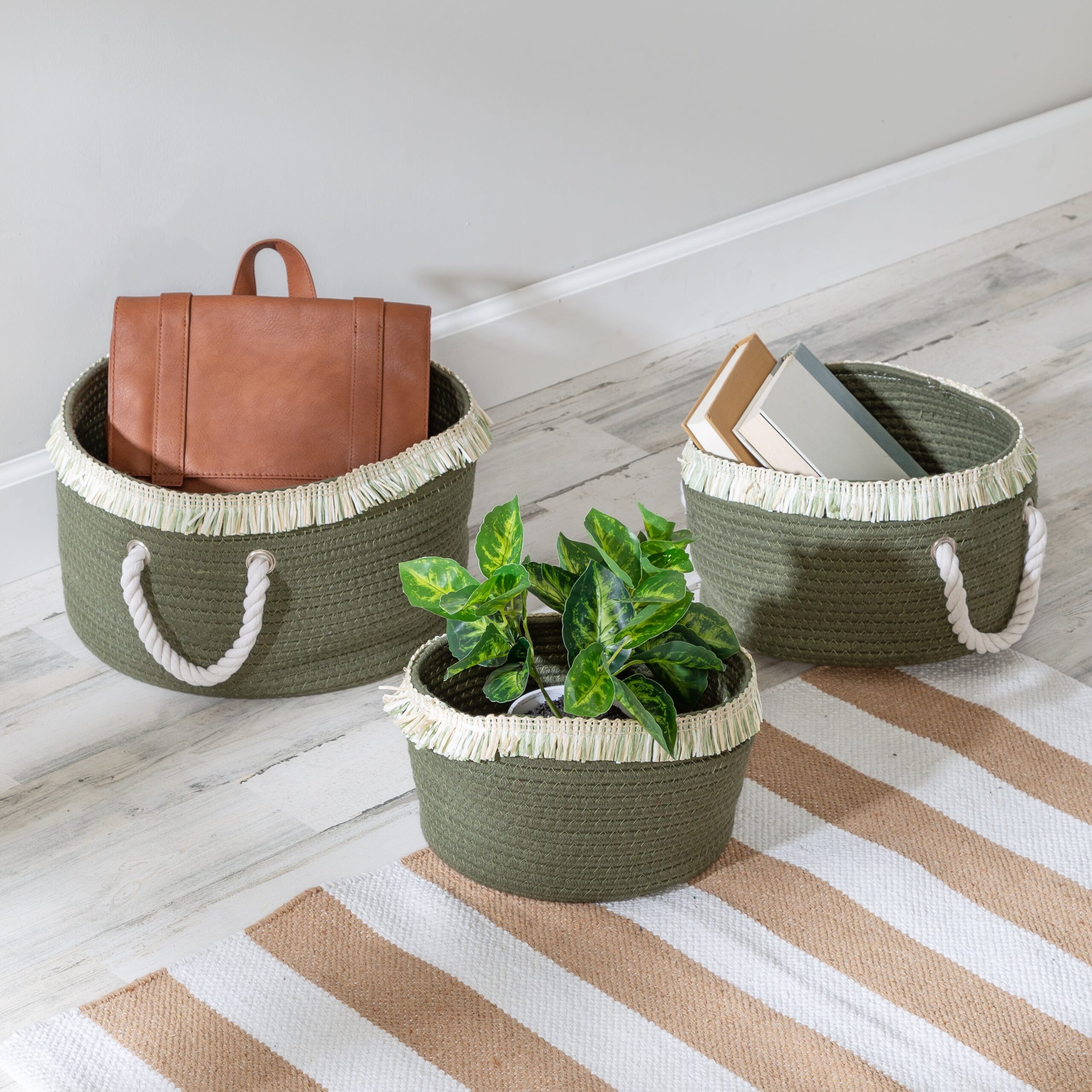 olive green/white cotton rope nesting baskets with fringe (set of 3) olive green/white cotton rope nesting baskets with fringe (set of 3)