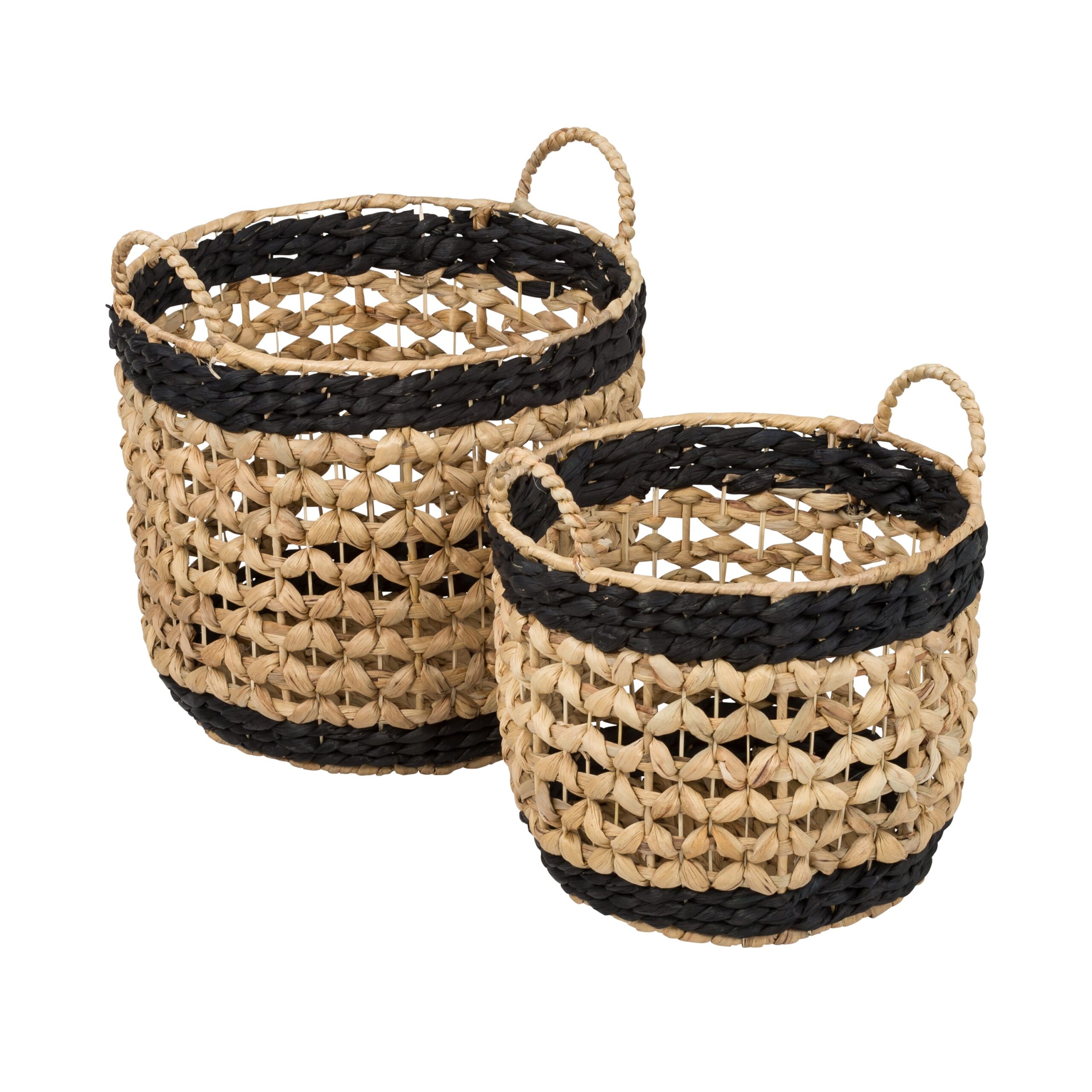 natural/black round decorative wicker baskets with handles (set of 2) natural/black round decorative wicker baskets with handles (set of 2)