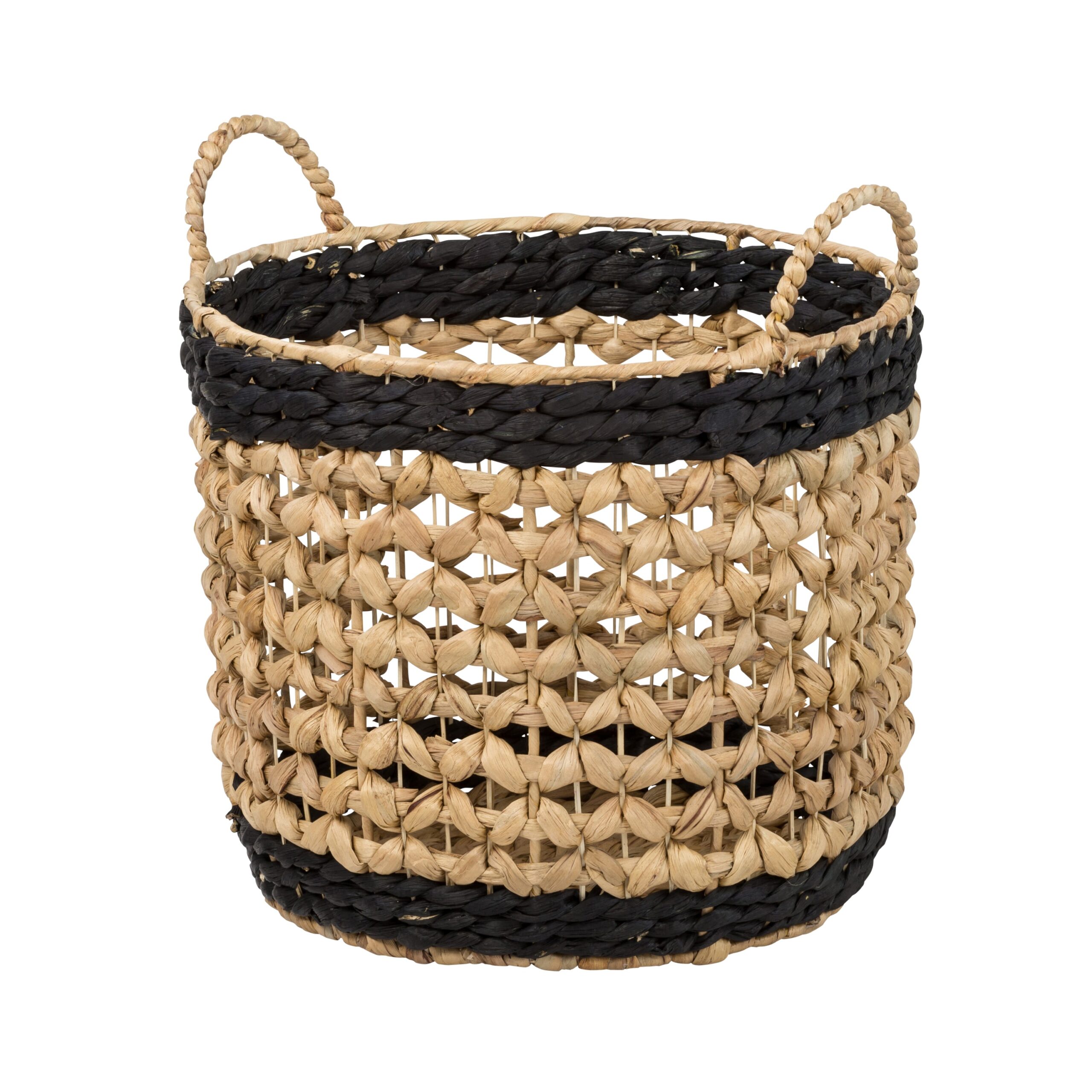 natural/black round decorative wicker baskets with handles (set of 2) natural/black round decorative wicker baskets with handles (set of 2)