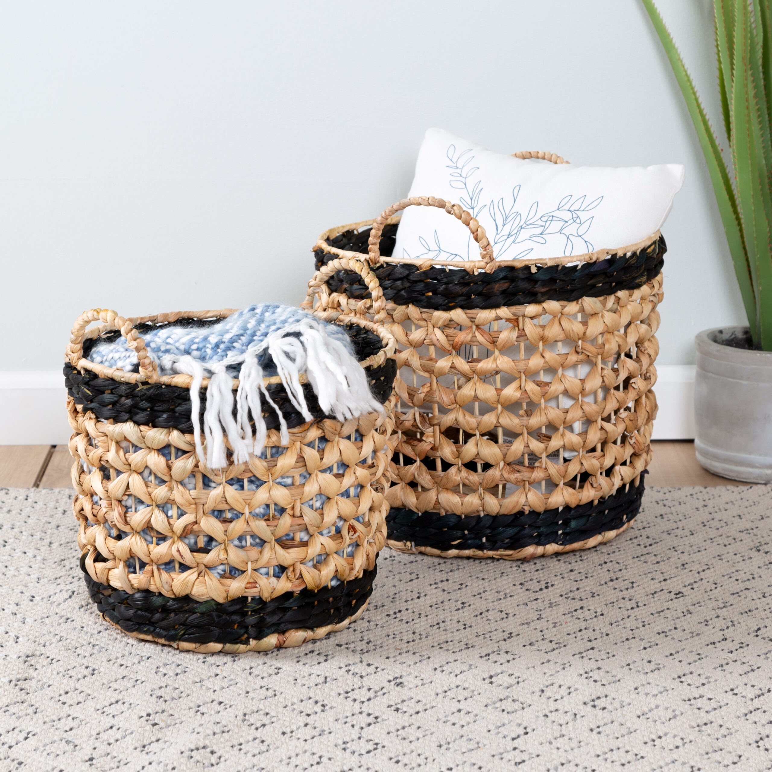 natural/black round decorative wicker baskets with handles (set of 2) natural/black round decorative wicker baskets with handles (set of 2)